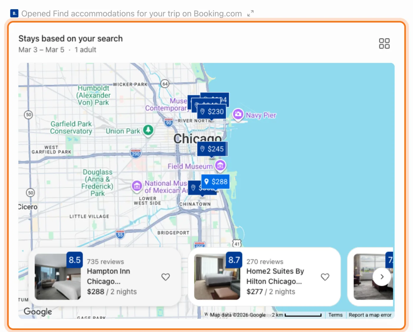 Los resultados de Booking.com en la respuesta de ChatGPT, marcados: Stays based on your search, Mar 3 to Mar 5, 1 adult, un mapa de Chicago con precios, y tarjetas de hoteles de Hampton Inn y Home2 Suites.