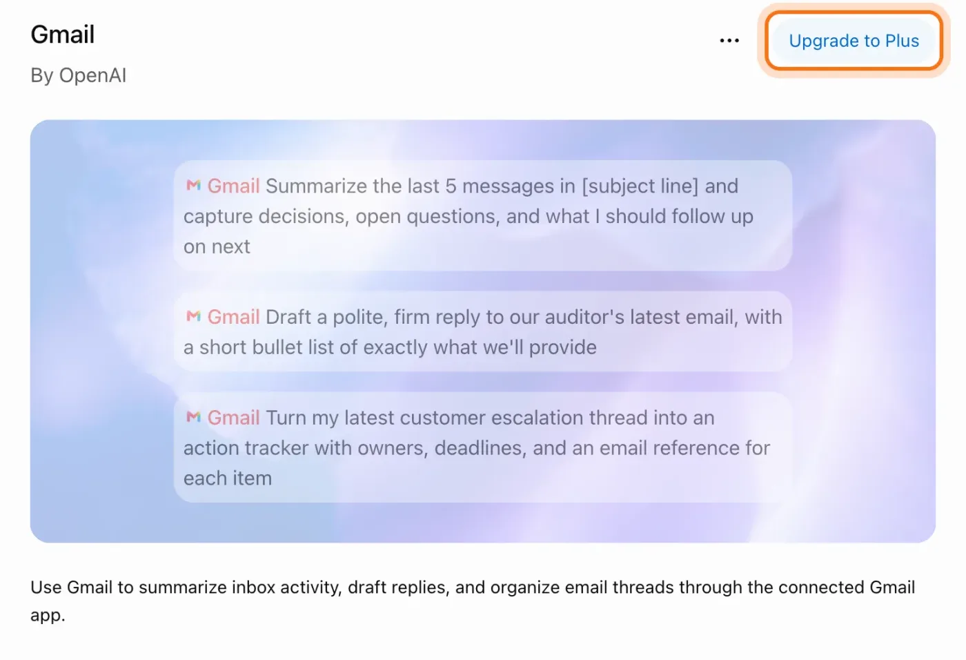 La página del plugin de Gmail, de OpenAI, con pedidos de ejemplo sobre resumir y responder correos, y el botón Upgrade to Plus marcado.