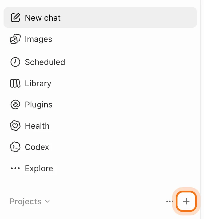 La parte de arriba de la barra lateral de ChatGPT: New chat, Images, Scheduled, Library, Plugins, Health, Codex, Explore, y debajo Projects, con el botón de más junto a él marcado.
