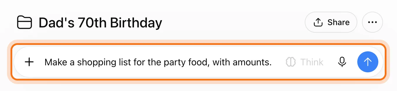 La página del proyecto con el cuadro de mensaje marcado, con Make a shopping list for the party food, with amounts escrito.