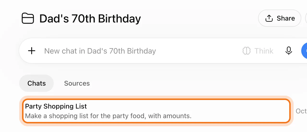 La página del proyecto con un chat en la lista Chats, marcado: Party Shopping List, Make a shopping list for the party food, with amounts.