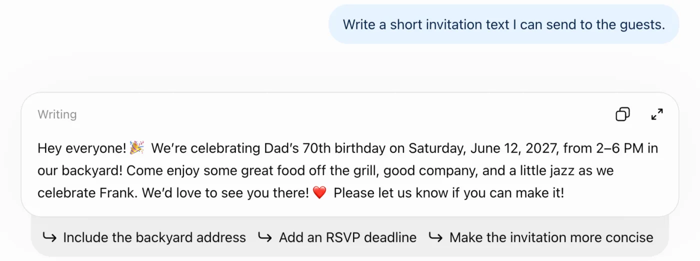 Un segundo chat en el proyecto: Write a short invitation text I can send to the guests, y la invitación de ChatGPT: los 70 años de papá el sábado 12 de junio de 2027, de 2 a 6 PM en nuestro patio, comida a la parrilla y un poco de jazz.