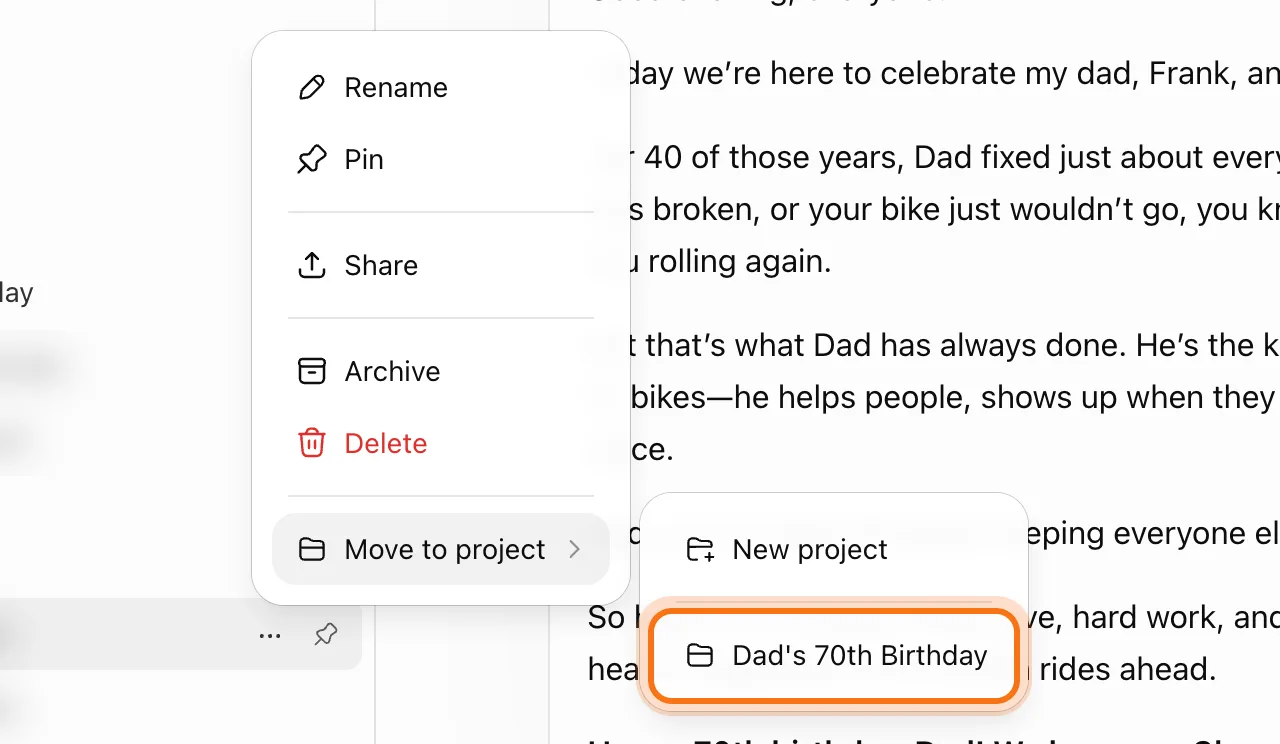 El menú de un chat en la barra lateral: Rename, Pin, Share, Archive, Delete y Move to project, con su lista abierta: New project, y Dad's 70th Birthday, marcado.