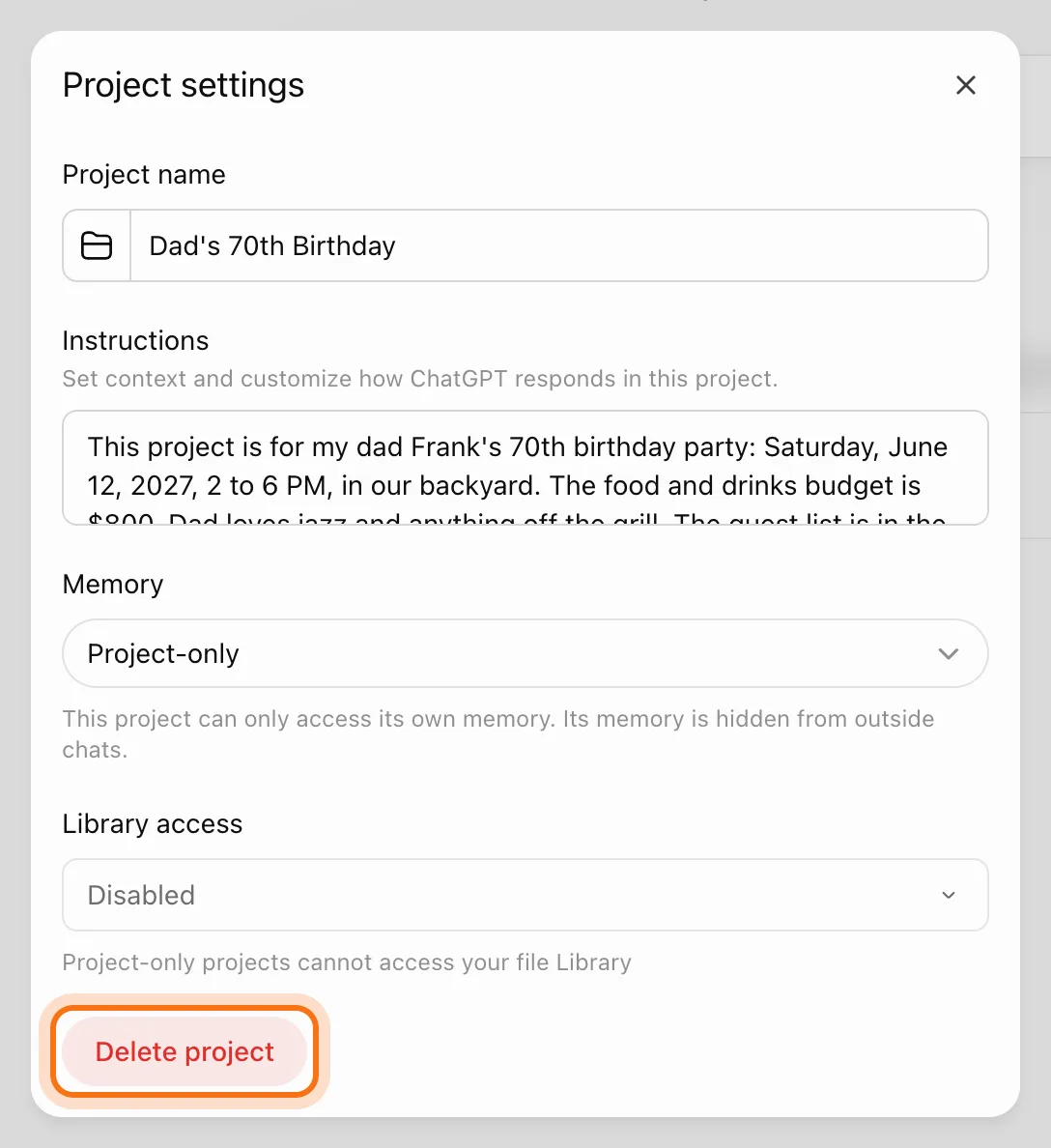 La ventana Project settings con Delete project marcado debajo de los ajustes Instructions, Memory y Library access.