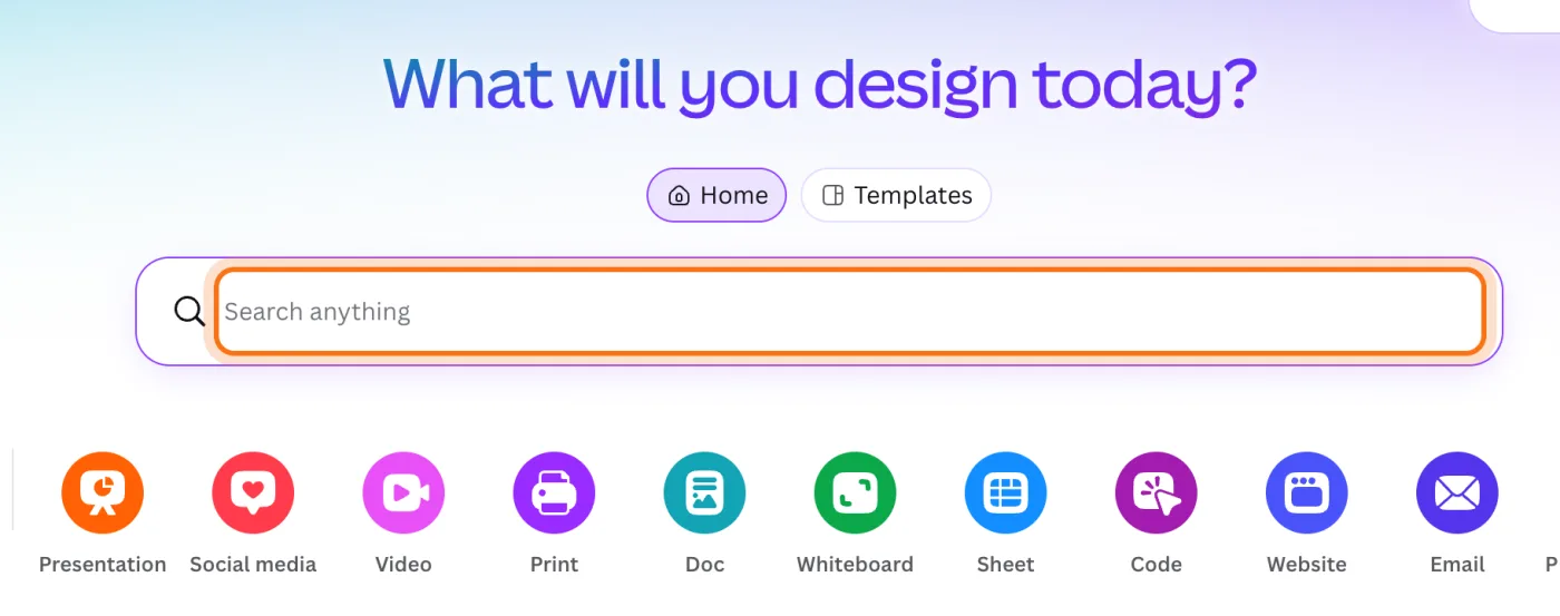 The Canva home page, with the "Search anything" box under "What will you design today?" marked.
