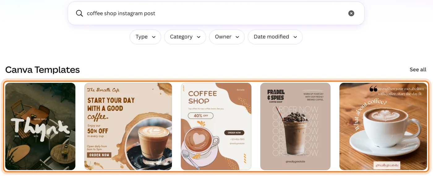 Canva's search results for "coffee shop instagram post", with the first row of templates marked.