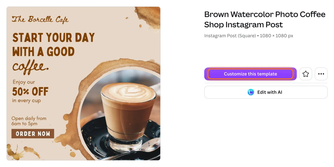 A coffee shop template open in Canva's preview, with the "Customize this template" button marked.