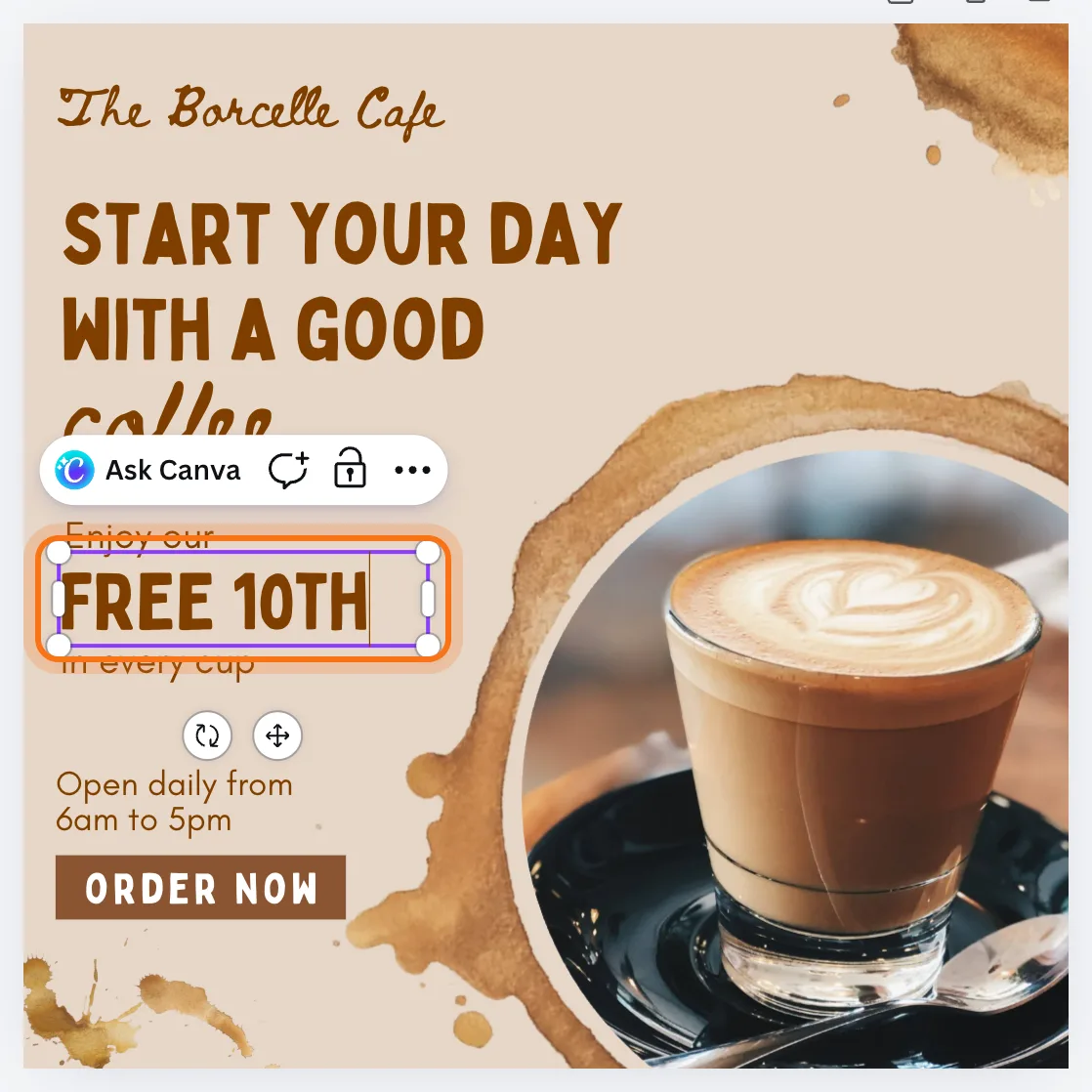 The Canva editor with the text "FREE 10TH" being edited on the coffee shop post, marked.