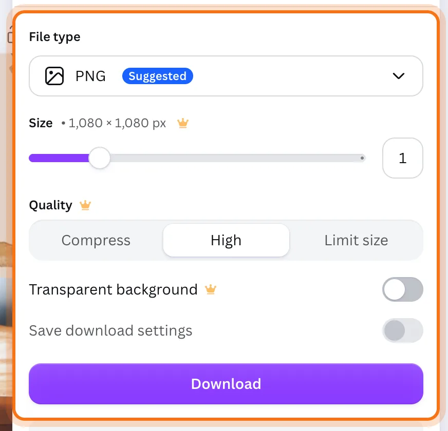 Canva's Download panel: File type PNG (Suggested) and the Download button, marked.