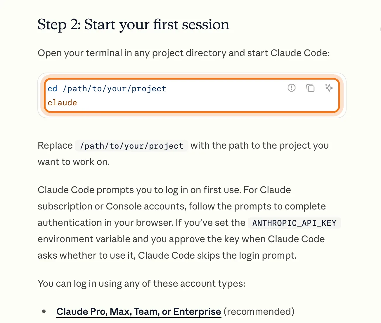 Anthropic's "Start your first session" step, with cd and claude marked.