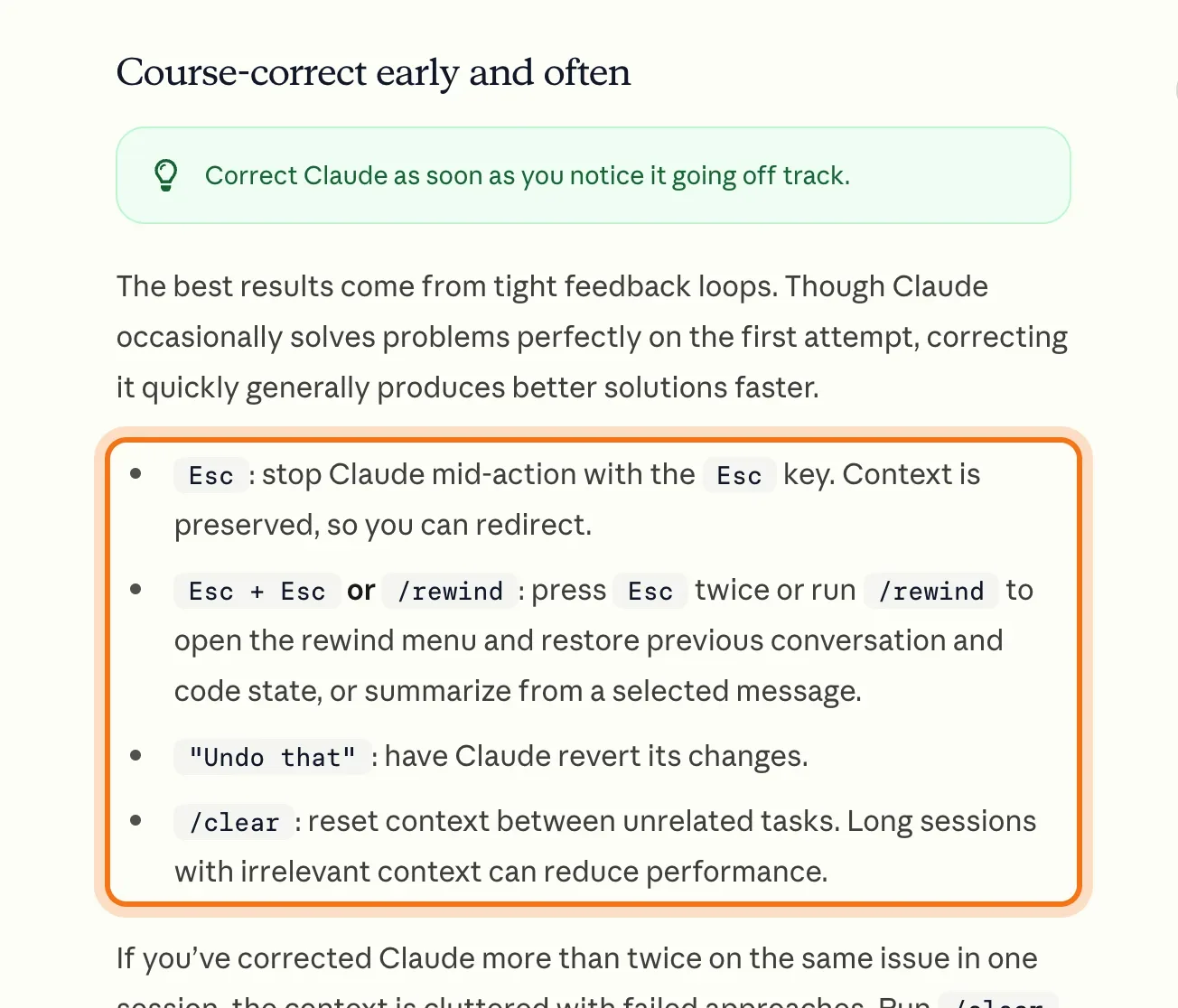 Anthropic's "Course-correct early and often" list: Esc, Esc + Esc or /rewind, "Undo that" and /clear, marked.