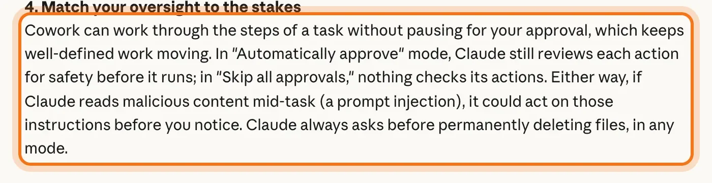 Anthropic's "Match your oversight to the stakes" paragraph about the approval modes, marked.