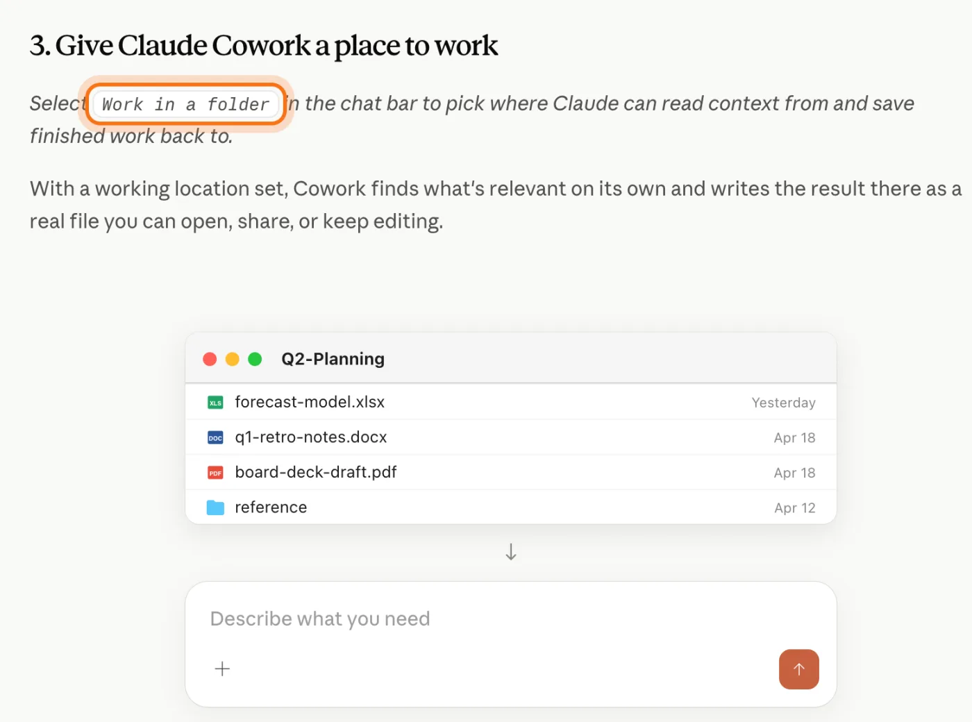 Anthropic's step "Give Claude Cowork a place to work", with "Work in a folder" marked.