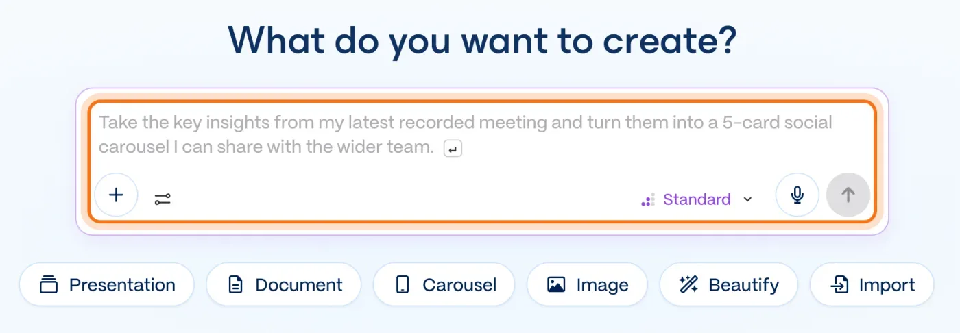 The Gamma home page, with the box under "What do you want to create?" marked.