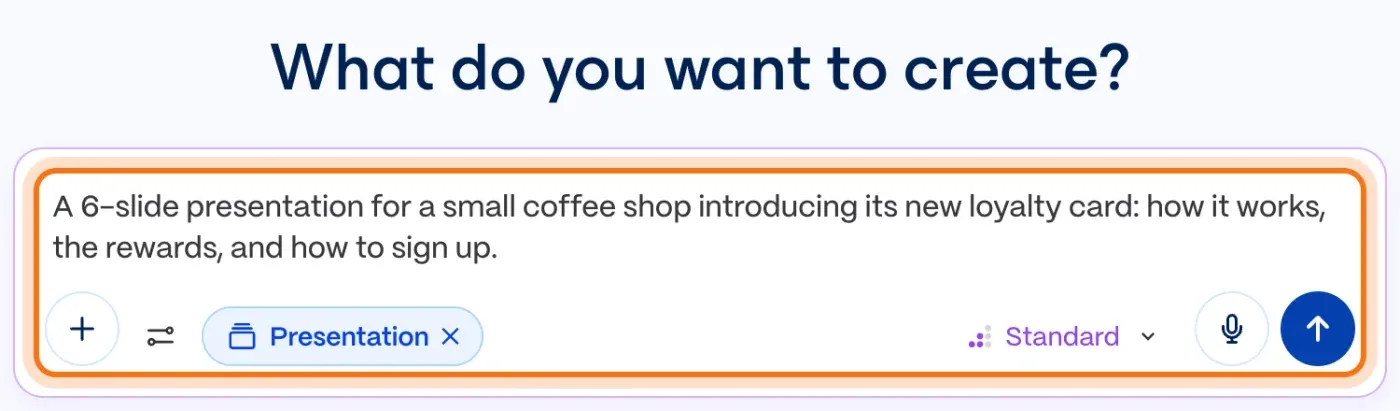 The Gamma box with "Presentation" picked and the coffee shop request typed in, marked.