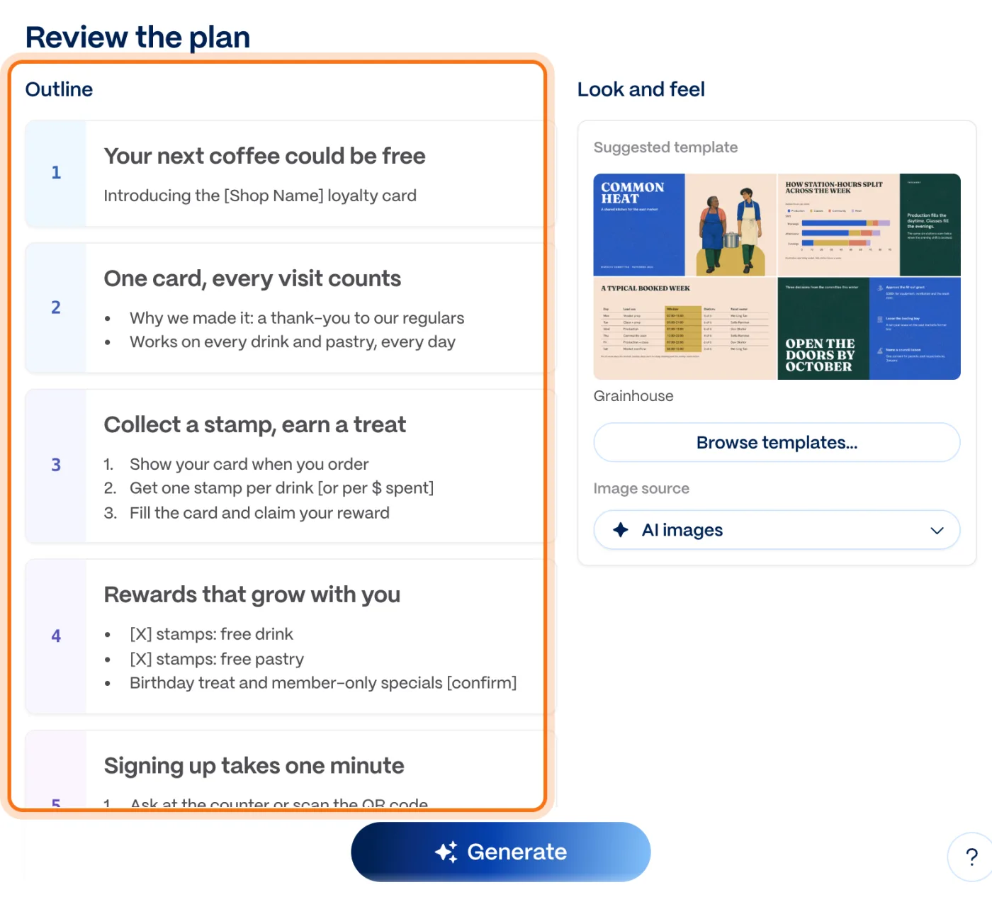 Gamma's outline for the coffee shop deck, one card per slide, marked, with "Look and feel" and the "Generate" button beside it.