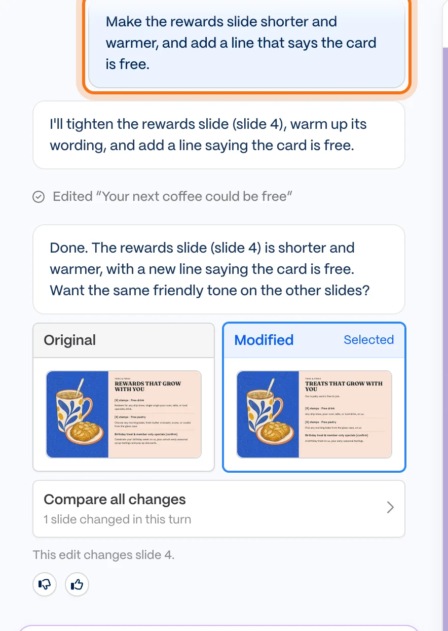A request to the Gamma agent to shorten the rewards slide, marked, with the agent's reply and the slide before and after.