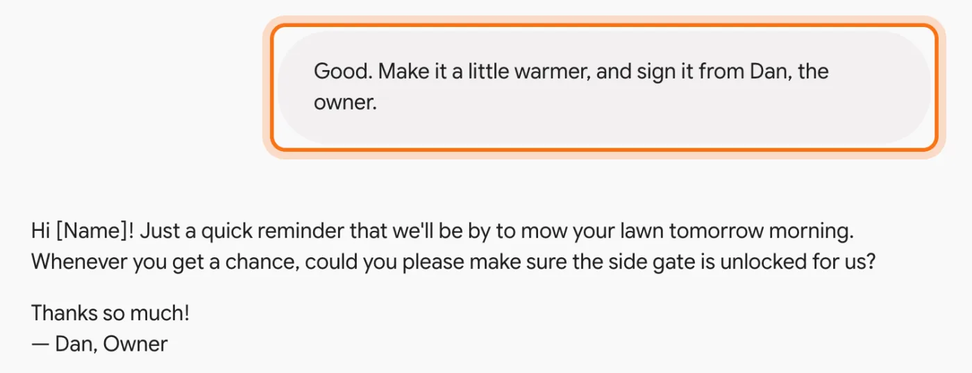 A follow-up asking for a warmer message signed by the owner, and the new version.