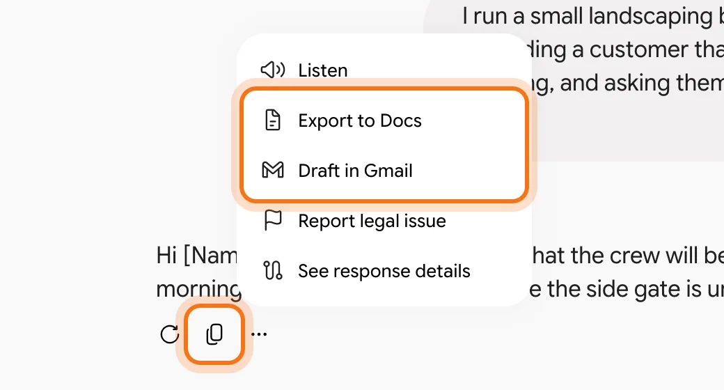 The copy icon under the answer, and the menu with "Export to Docs" and "Draft in Gmail" marked.