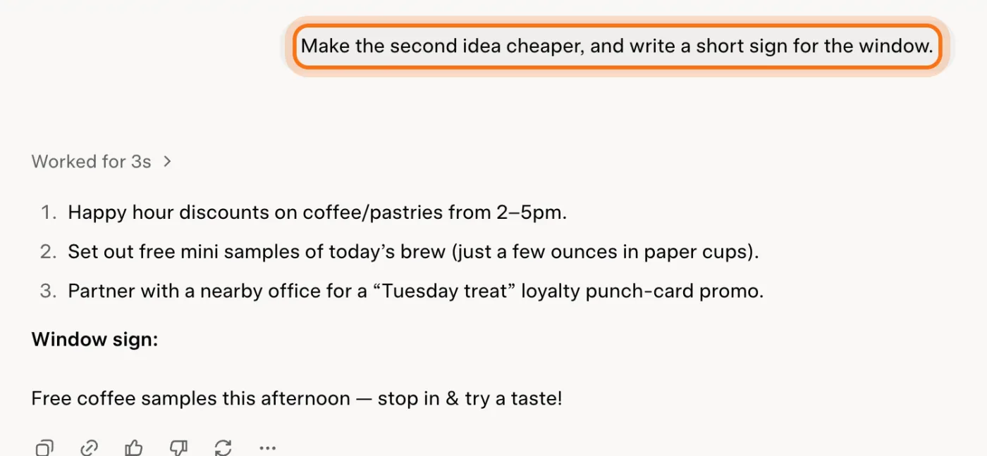 A follow-up asking for a cheaper idea and a window sign, marked, and Grok's new version below it.