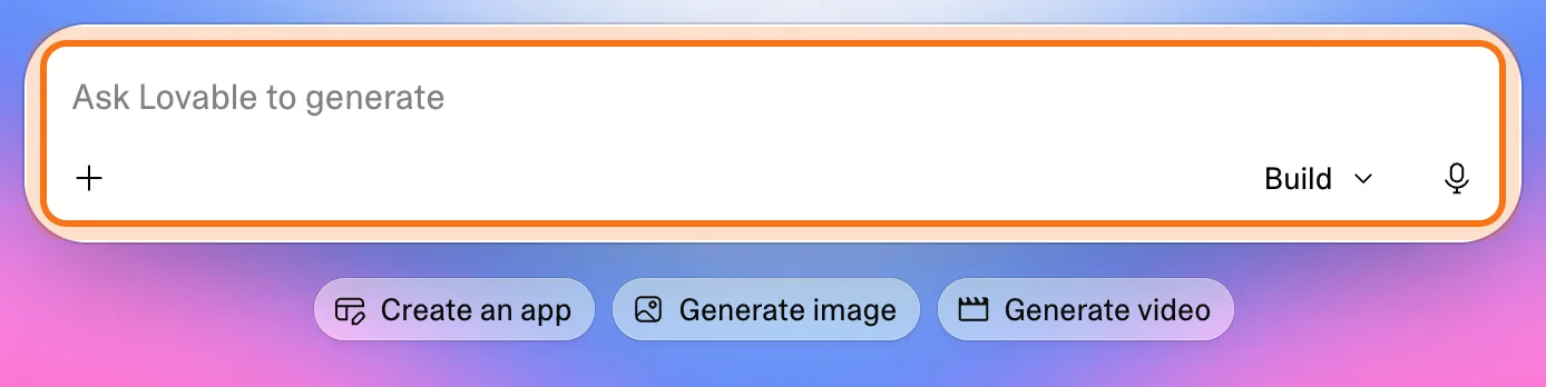 The Lovable home page, with the box to describe what to build marked.