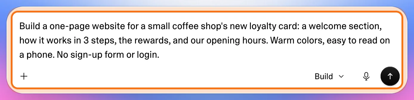 The Lovable box with the coffee shop website request typed in, marked.