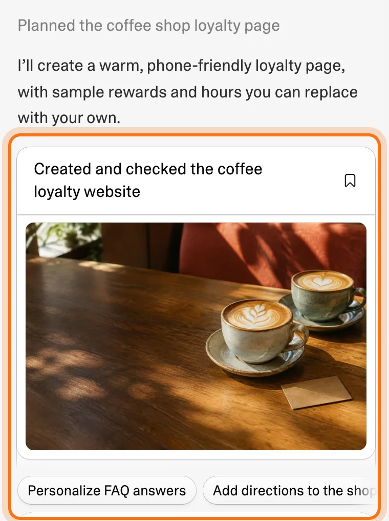 Lovable's chat: its plan for the coffee shop page and the "Created and checked the coffee loyalty website" card, marked.