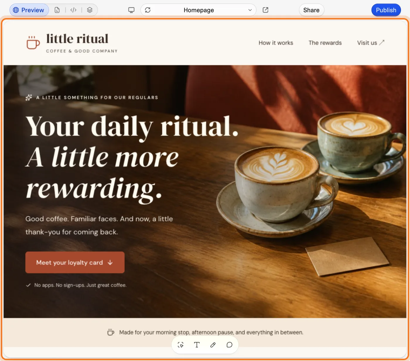 The preview of the coffee shop website Lovable built, marked, with Preview, Share and Publish above it.