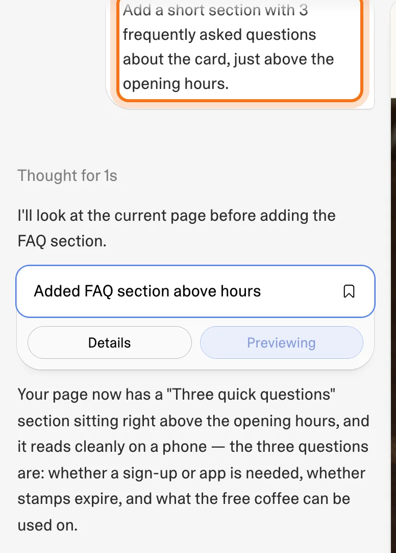 A request to add a section of 3 frequent questions, marked, with Lovable's "Added FAQ section above hours" and its reply.