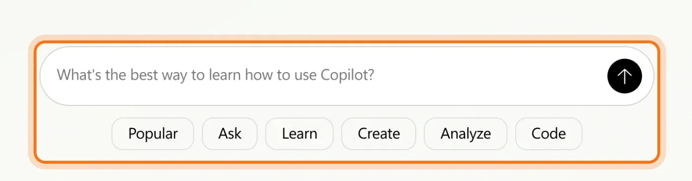 El cuadro de mensaje de la página de Copilot con los botones de ideas debajo, marcado.