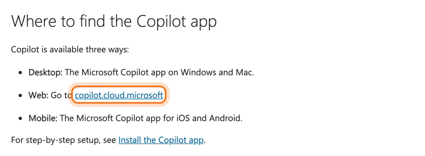 La sección "Where to find the Copilot app" de Microsoft, con la dirección copilot.cloud.microsoft marcada.