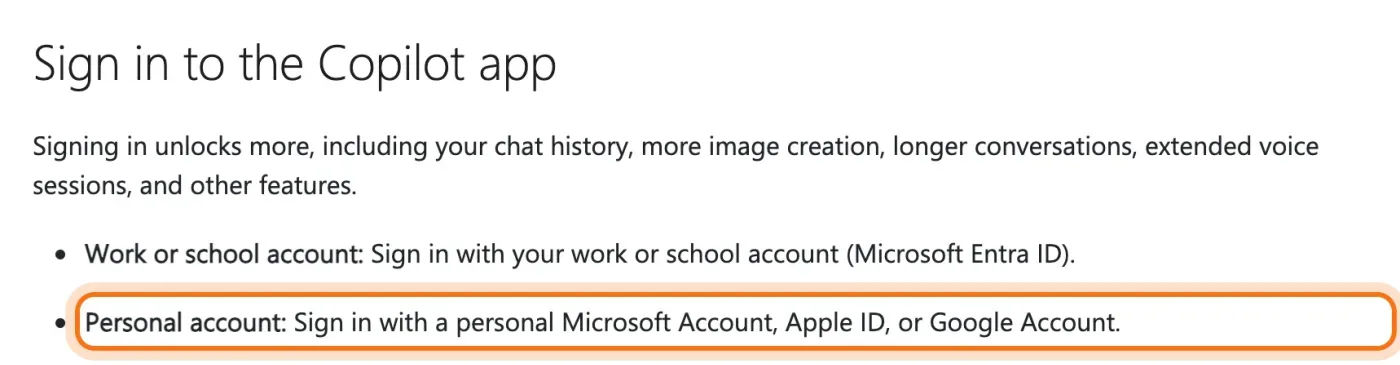 La sección "Sign in to the Copilot app" de Microsoft, con la línea de la cuenta personal marcada.