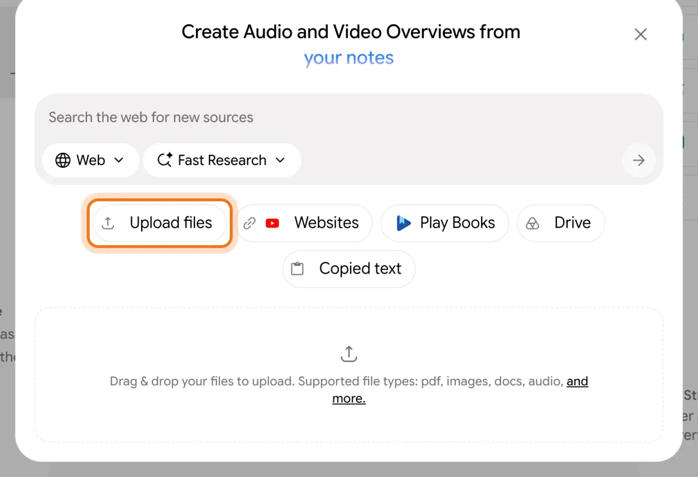 The window for adding sources, with "Upload files", "Websites", "Play Books", "Drive" and "Copied text", and "Upload files" marked.