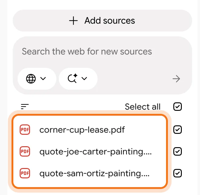 The Sources panel with a lease and two painting quotes, each ticked, marked.