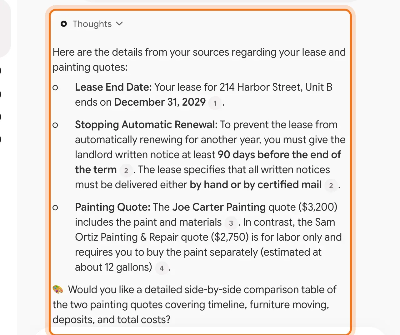 Gemini Notebook's answer: the lease end date, the 90-day notice rule and which quote includes paint, each with a numbered citation, marked.