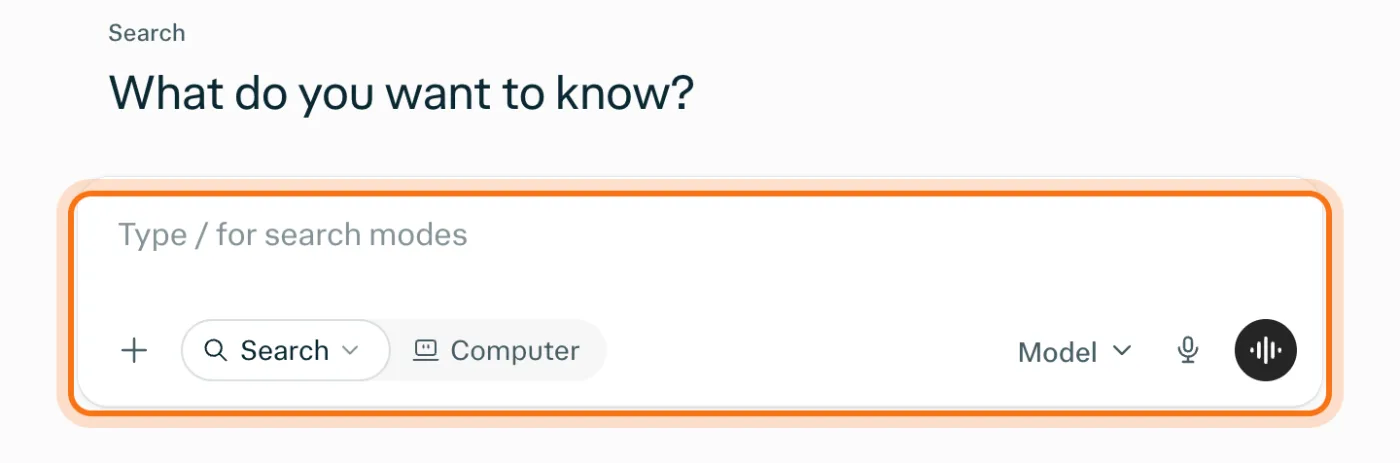 The Perplexity home page, with the question box under "What do you want to know?" marked.