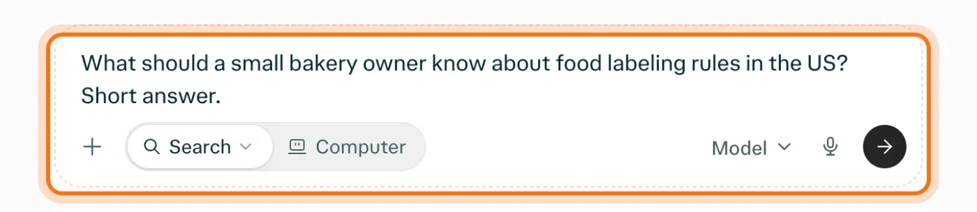The Perplexity box with a question about food labeling for a small bakery typed in.