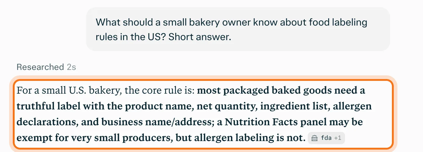 Perplexity's answer about bakery labels, marked, with the source tag "fda +1" at the end.