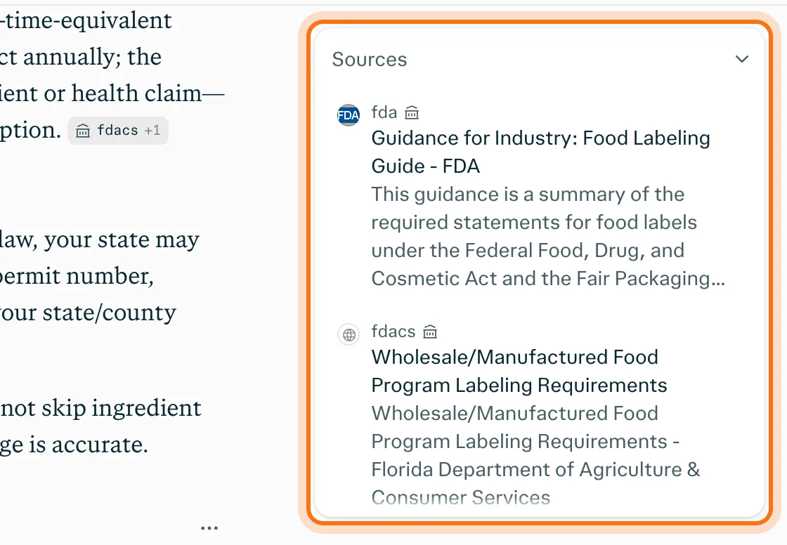 The Perplexity Sources panel, with an FDA guide and a Florida agriculture department page, marked.