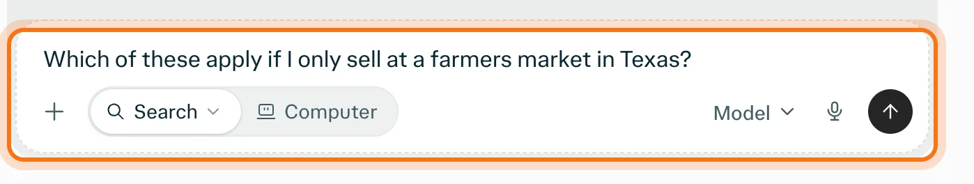 The "Ask a follow-up" box with a question about selling at a farmers market in Texas typed in.