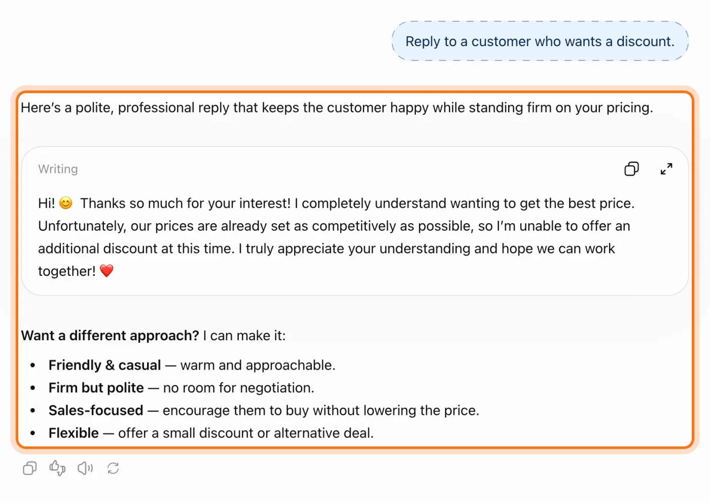 La petición de una línea "Reply to a customer who wants a discount" y la respuesta general de ChatGPT debajo, marcada.