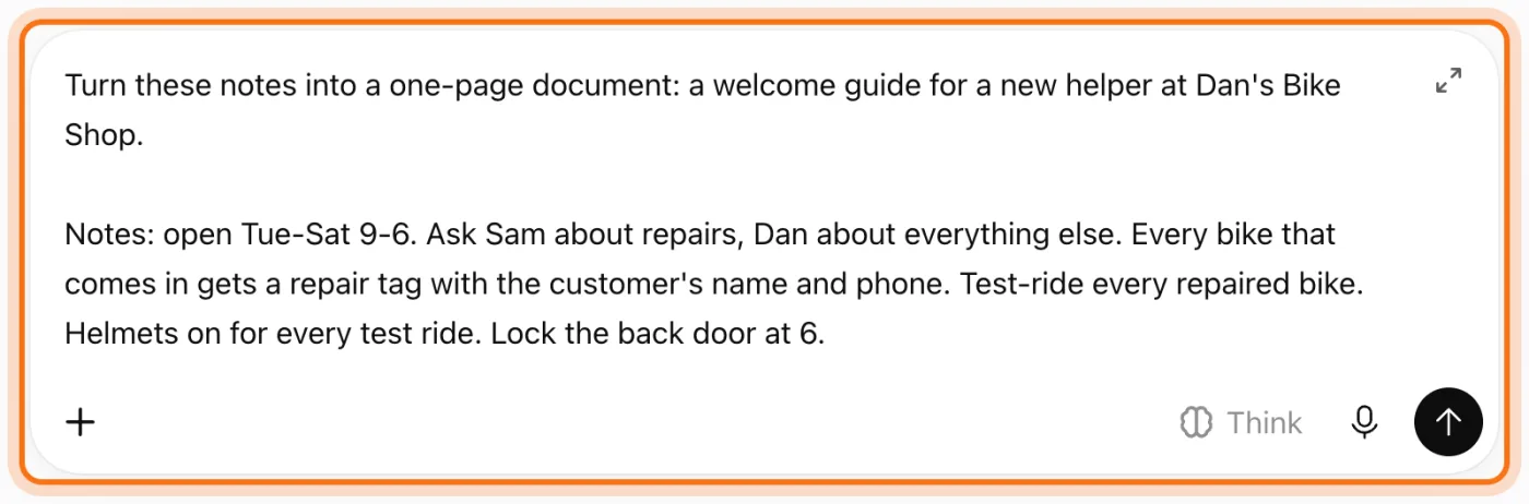 The ChatGPT message box, marked, with Dan's request for a one-page welcome guide and his notes about hours, who to ask, repair tags and test rides.