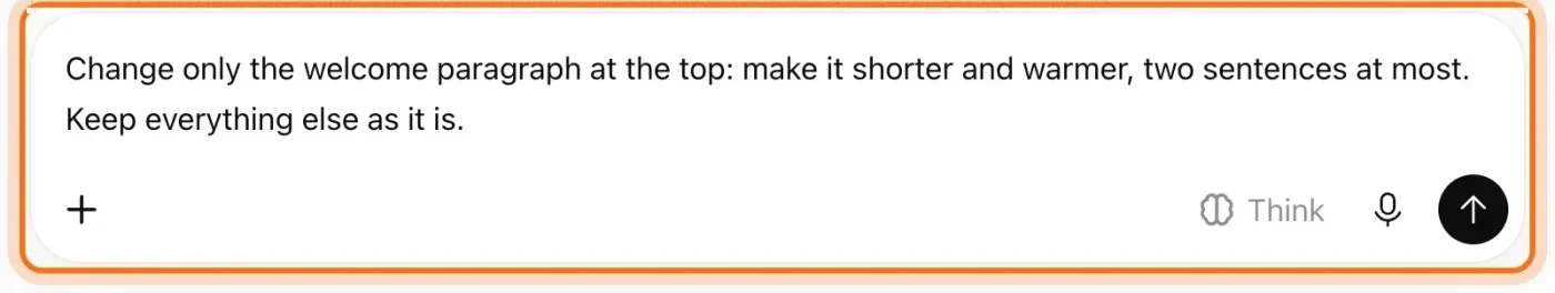 The ChatGPT message box, marked, with the request to change only the welcome paragraph: shorter and warmer, two sentences at most.