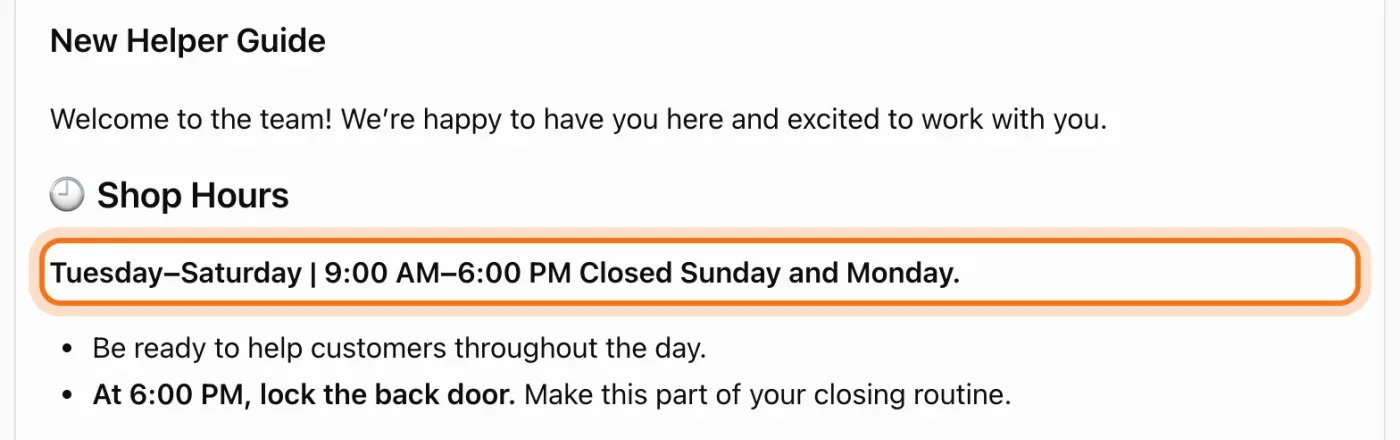 The shop hours in the writing block, marked, with "Closed Sunday and Monday." typed at the end of the line.