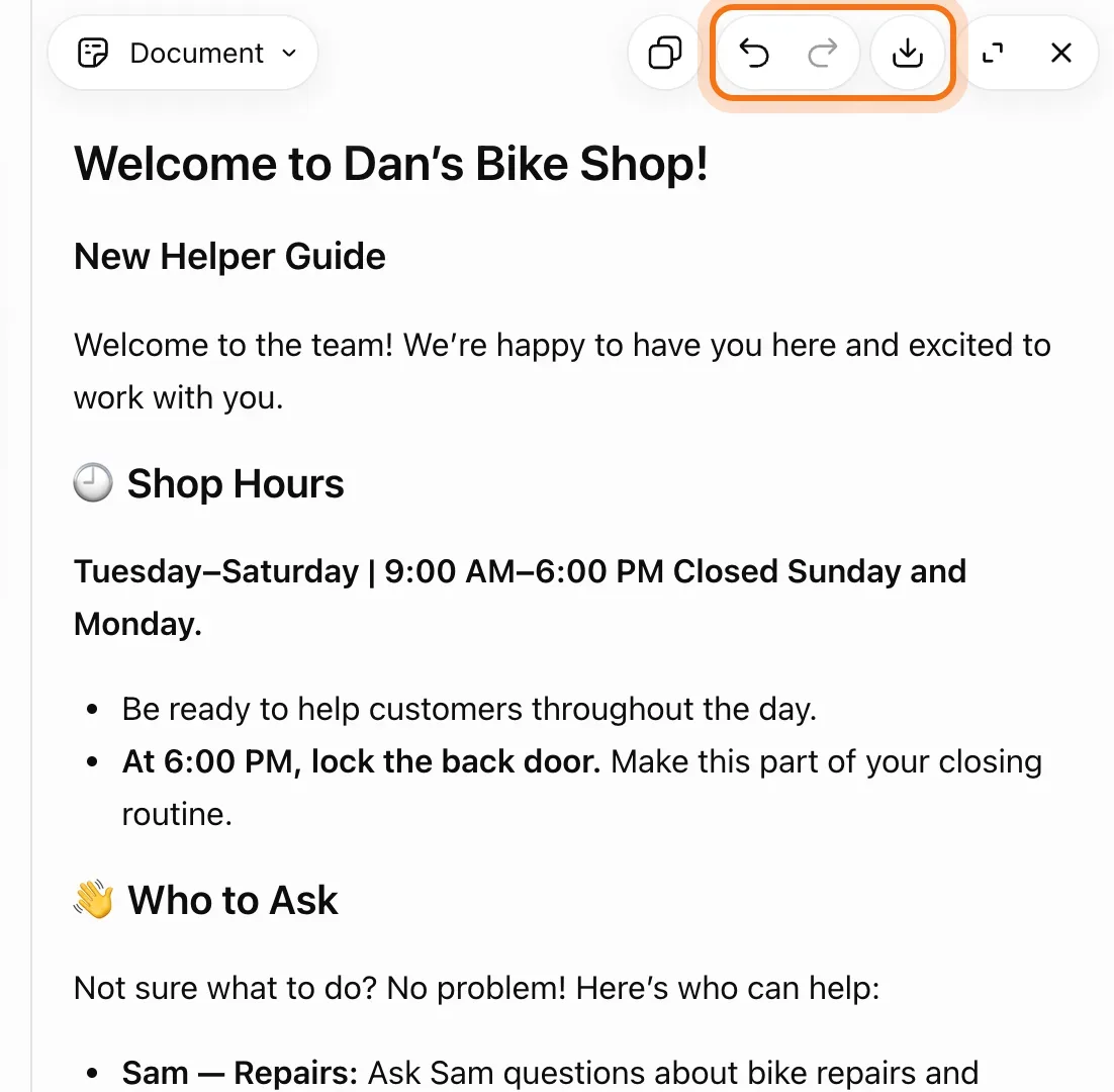 The welcome guide in ChatGPT's editor view, with the undo, redo and download buttons marked.