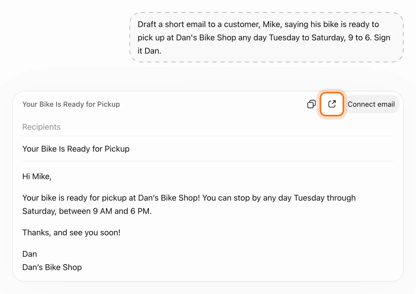 A request for an email to Mike and the email draft in a writing block, with "Open in email" marked.