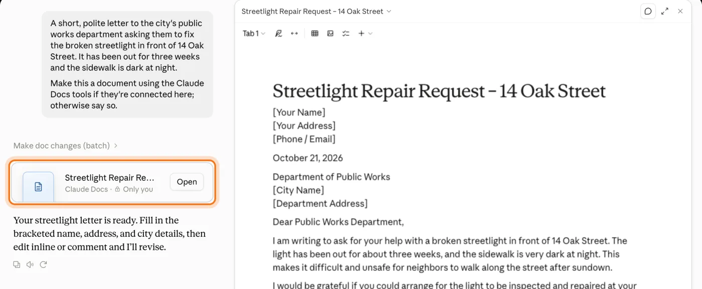 The document's card in the chat, marked: Streetlight Repair Request, Claude Docs, Only you, with an Open button. Next to it the open letter, with [Your Name], [Your Address] and the date at the top.