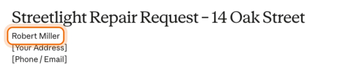 The top of the letter: the title, then Robert Miller (marked) where [Your Name] was, and [Your Address] and [Phone / Email] under it.