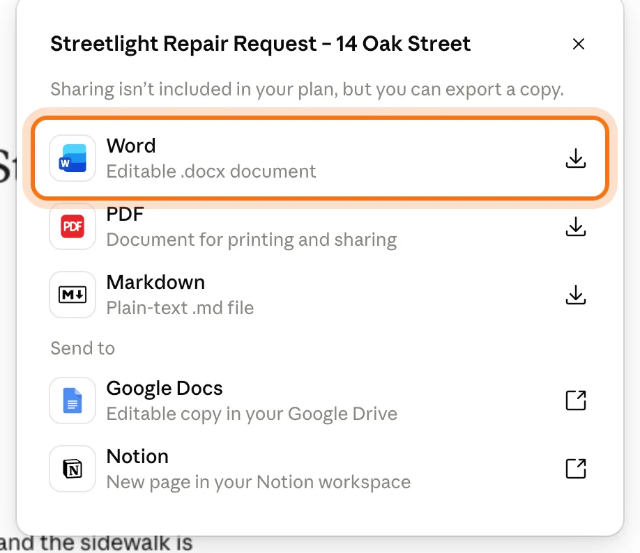 The Export panel: Sharing isn't included in your plan, but you can export a copy. Word, Editable .docx document, marked. Then PDF, Markdown, and under Send to, Google Docs and Notion.