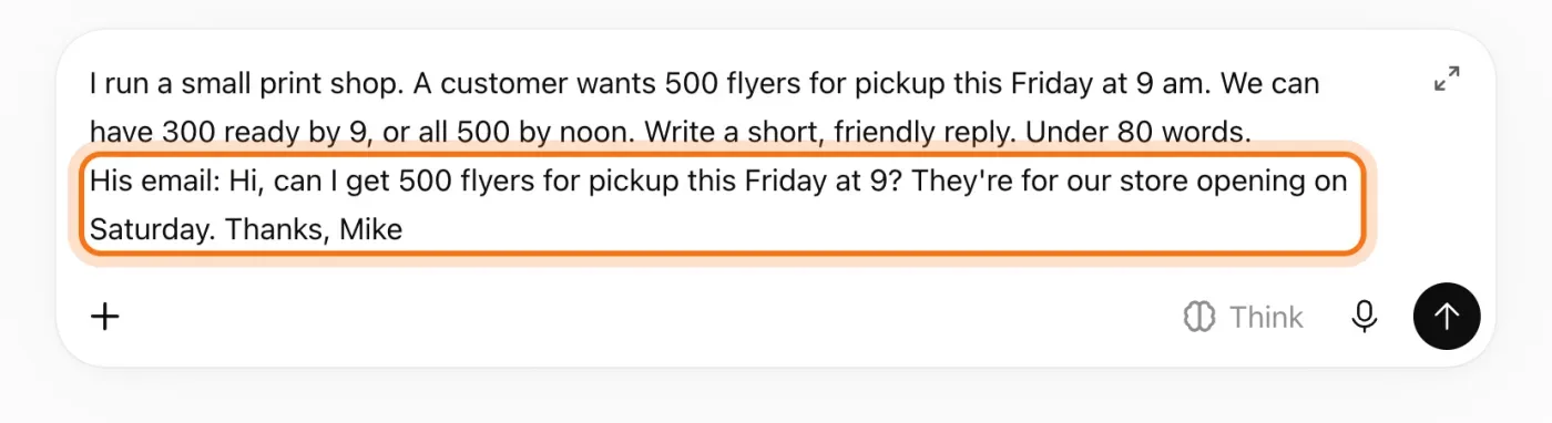 The same message box, with the customer's email pasted under the facts and marked.